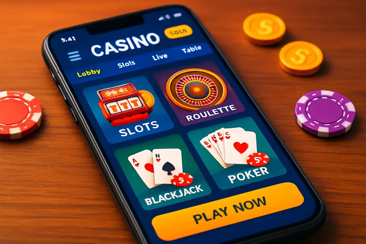 Android smartphone mockup showing casino mobile app game lobby interface