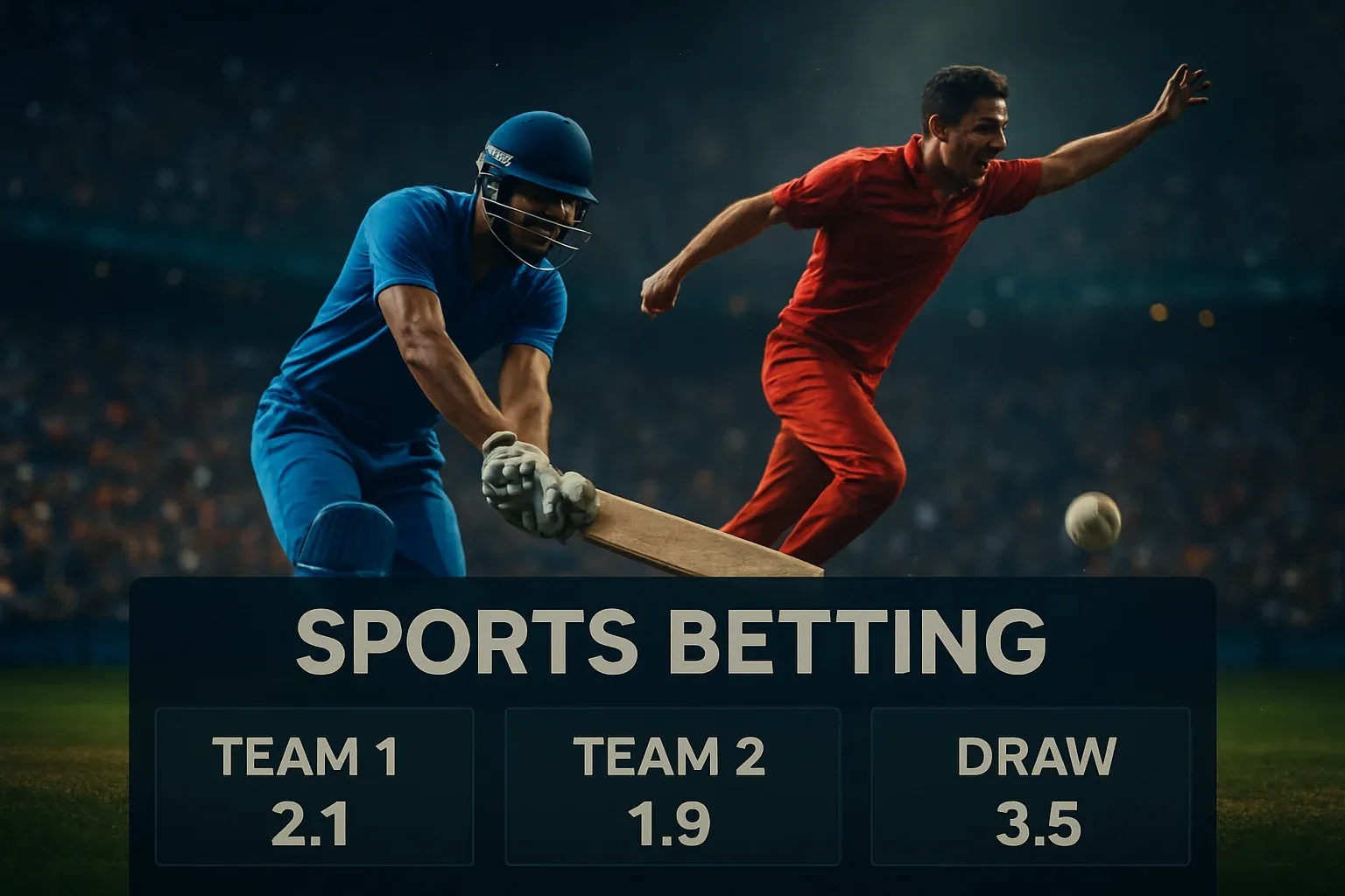 Sports betting banner with cricket action, stadium crowd, and interface overlay
