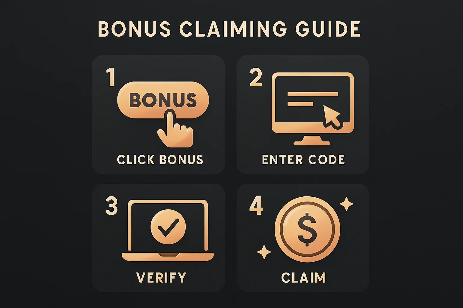 Modern infographic showing numbered steps 1 to 4 for claiming bonuses