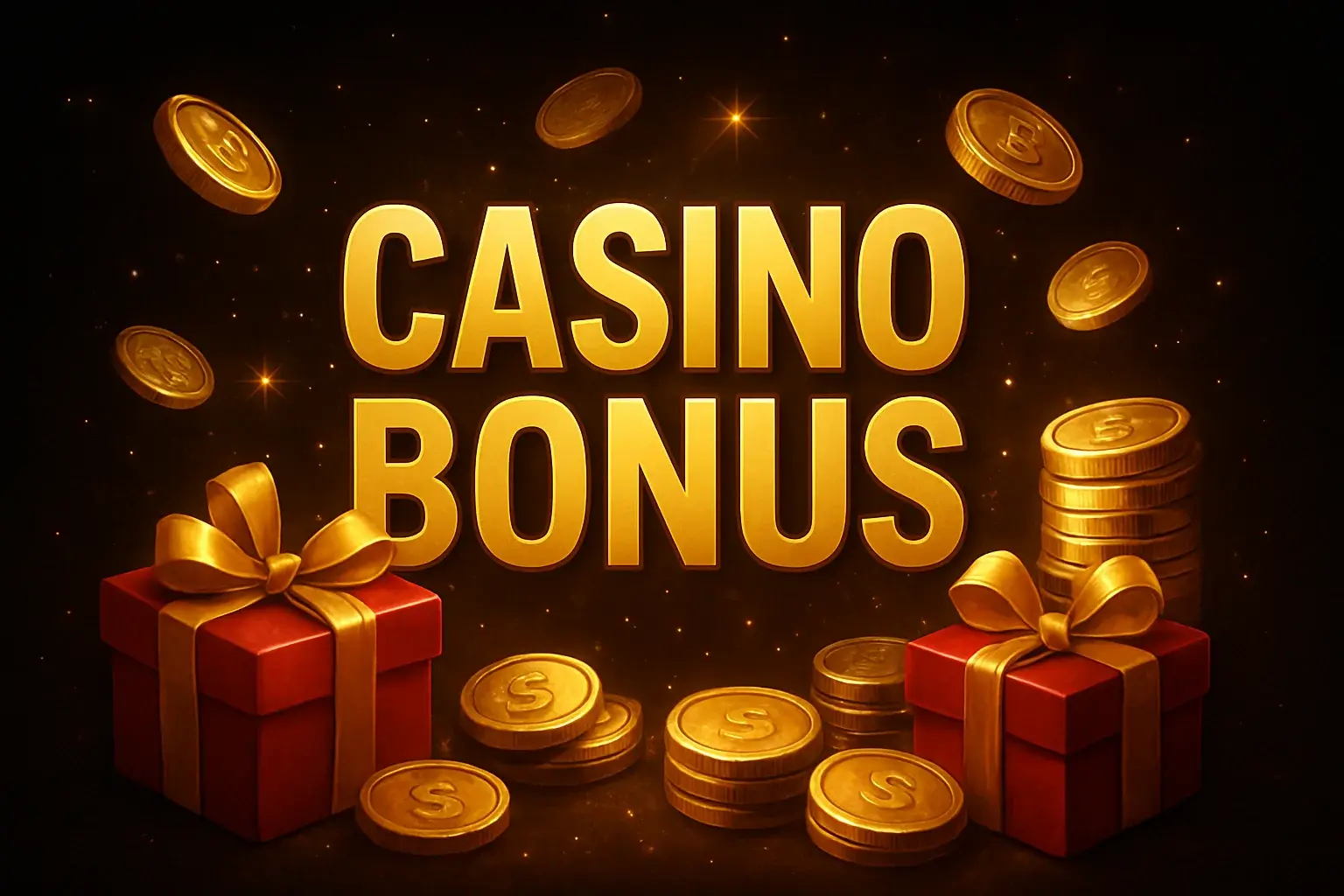 Casino bonus banner with golden coins, gift boxes, and sparkle effects