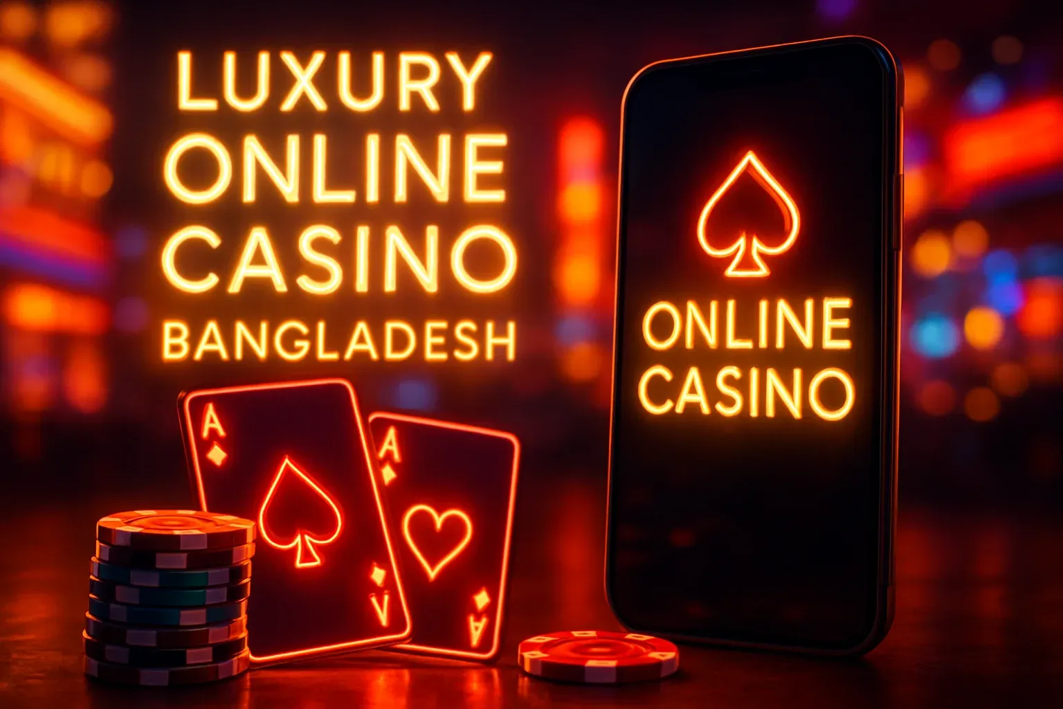 Luxury online casino hero banner for Bangladesh with neon lights, chips, cards