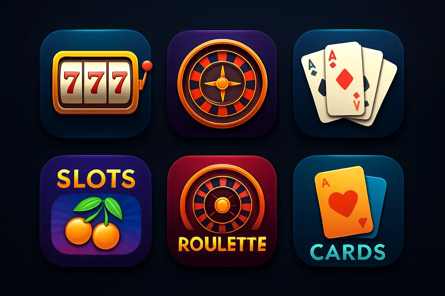 Popular casino game icons with slots, roulette, cards on dark background
