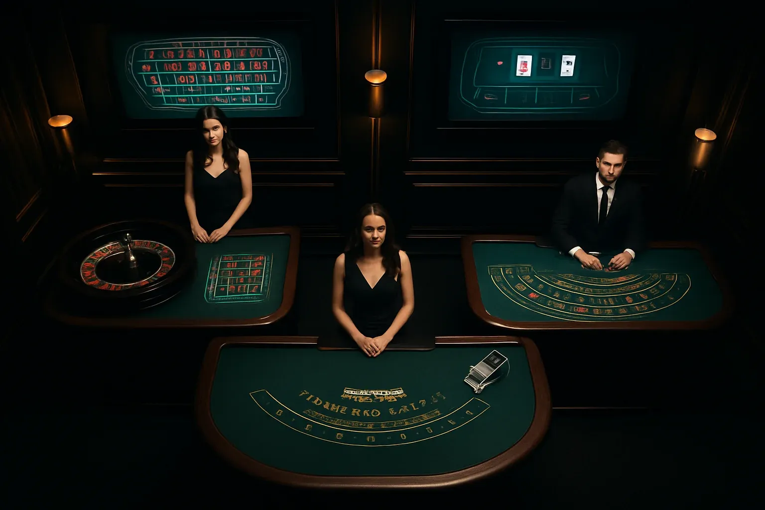 Elegant live casino studio with professional dealers and roulette blackjack screens