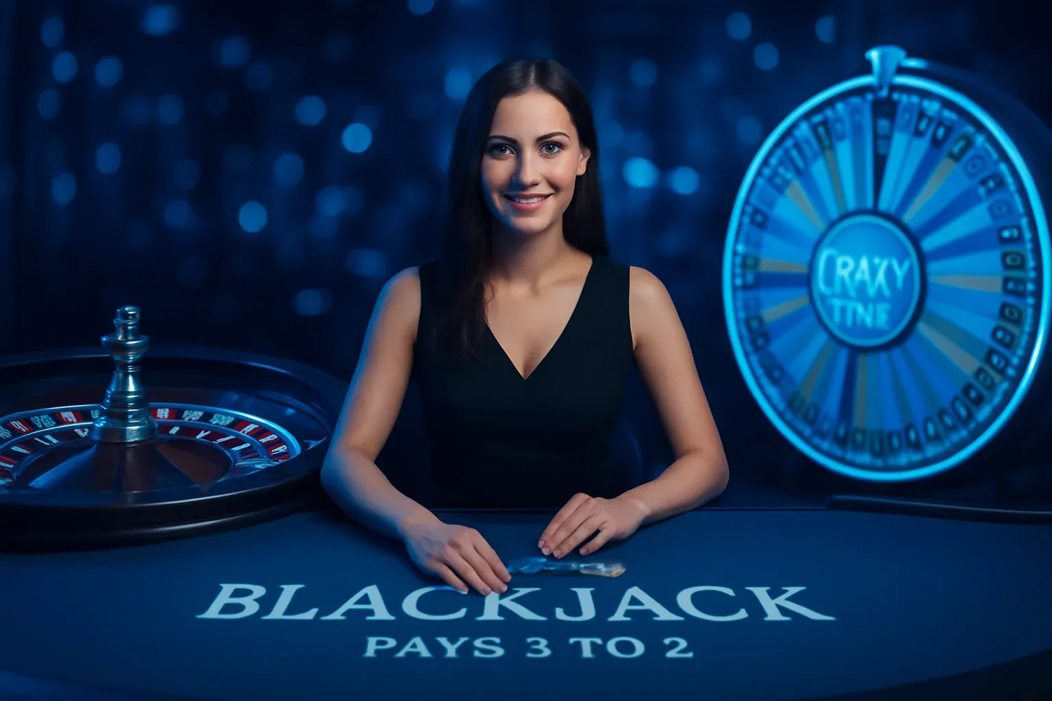 Live casino game cards with roulette, blackjack, Crazy Time, and dealer