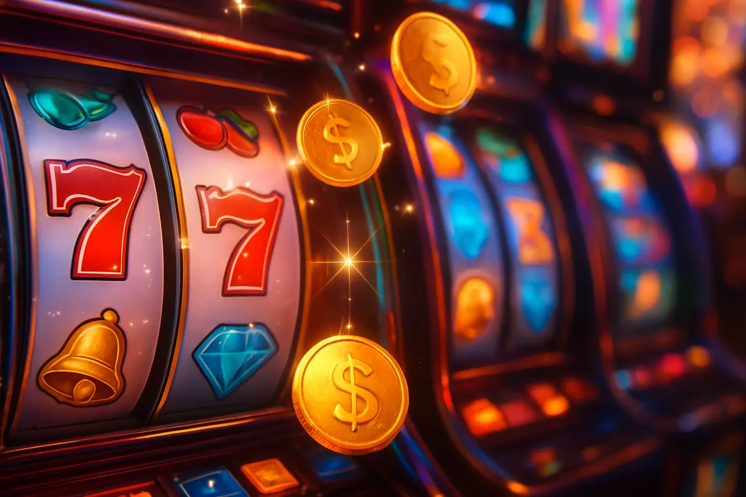Colorful casino slot machines collage with coins, diamonds, 7s and sparkles