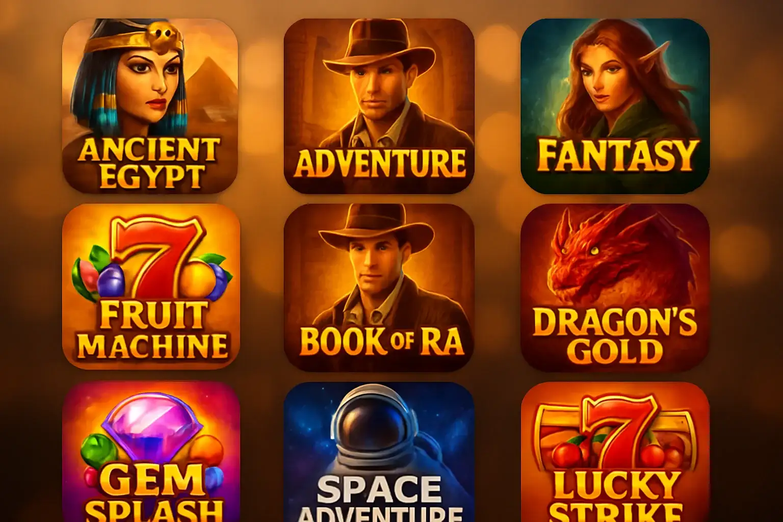 Grid of popular slot game thumbnails with Egypt, fantasy, fruit, sci-fi themes